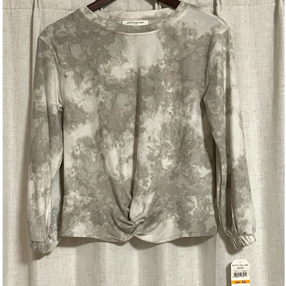 Skye's The Limit Petite Tie Dye Twist Front Long Sleeve Top Gray PS NWT